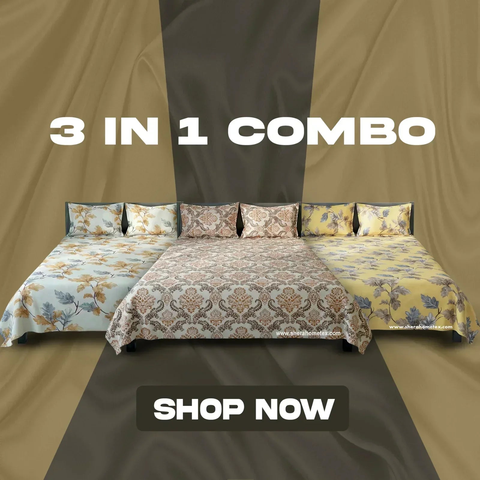 Three patterned bed sheet sets combo on display with shop now call to action