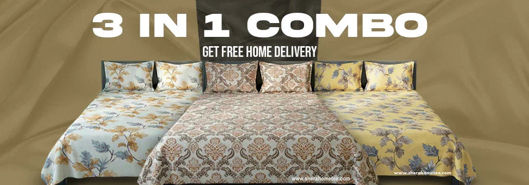Three double beds with floral and damask print bed sheets, 3 in 1 bedding combo offer.